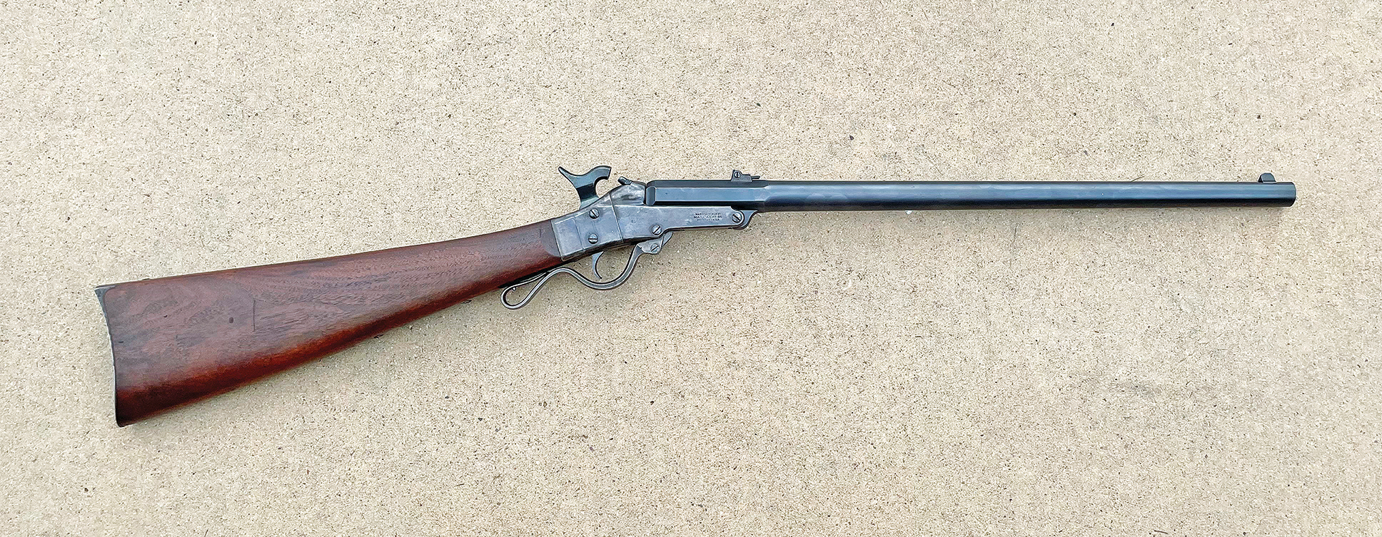 The .50 caliber Maynard percussion carbine as used in the Civil War, and afterwards by civilian hunters well into the late 1800s. The stock design and lack of a forearm look odd to us today, but the ergonomics are actually quite good. This helped keep the weight down to an amazingly low five pounds, 13 ounces, which made it very comfortable to carry.